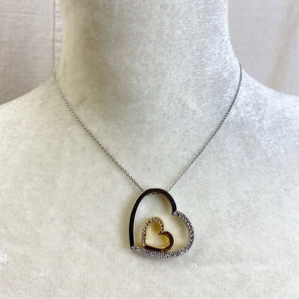 Two tone gold silver open double heart necklace with clear rhinestones